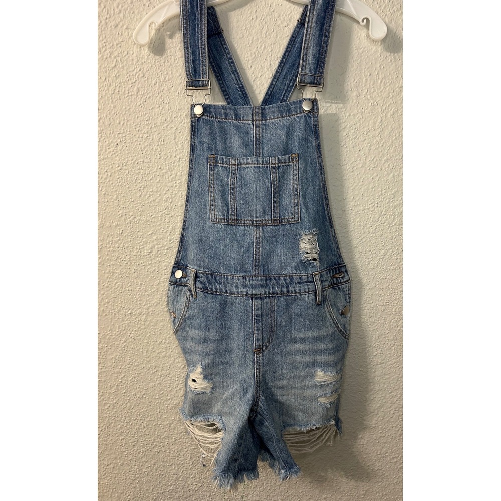 Ripe Denim Womens XS Distressed Maternity Shortall Overalls Medium Wash Blue NWT